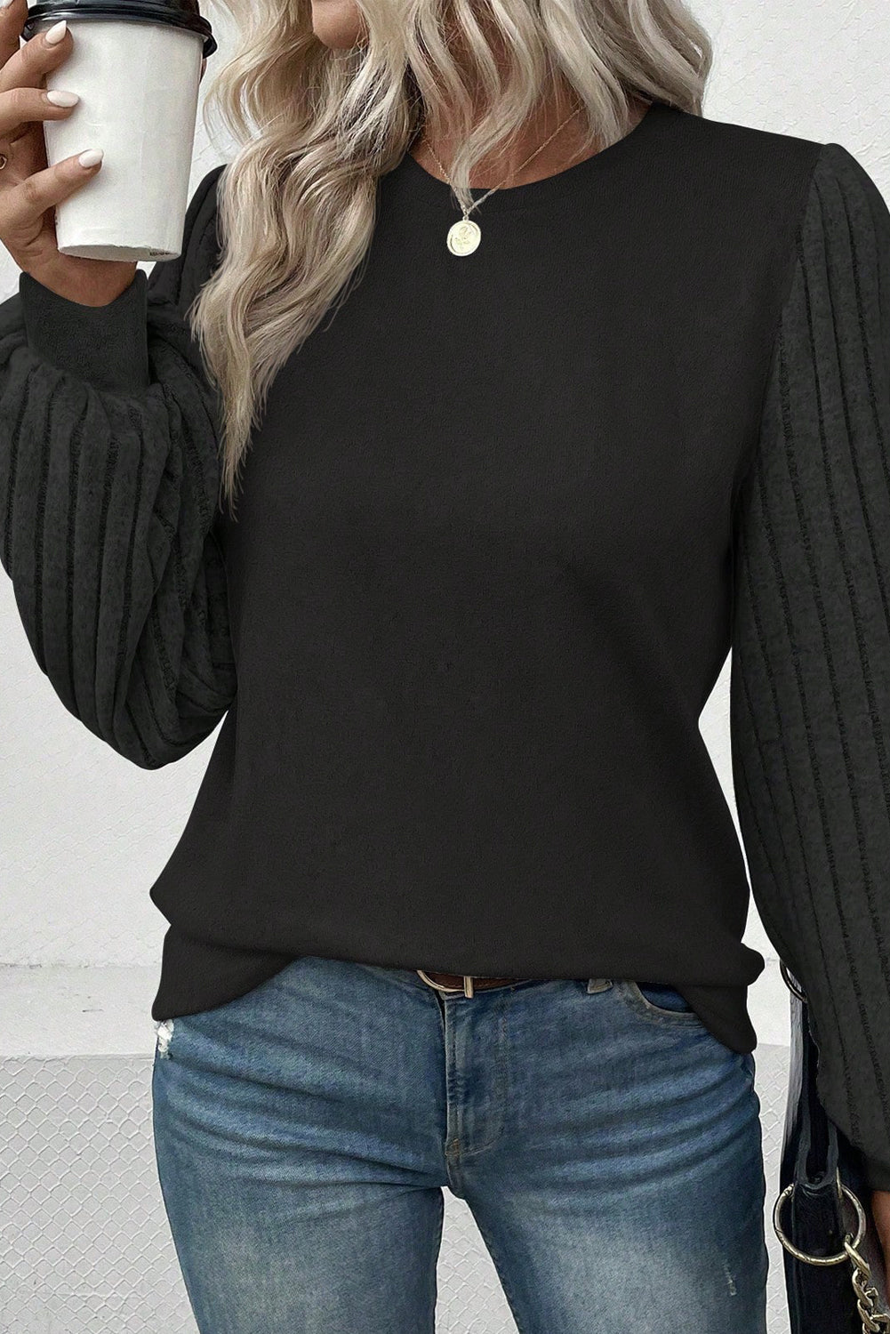 Ribbed Round Neck Long Sleeve Knit Top