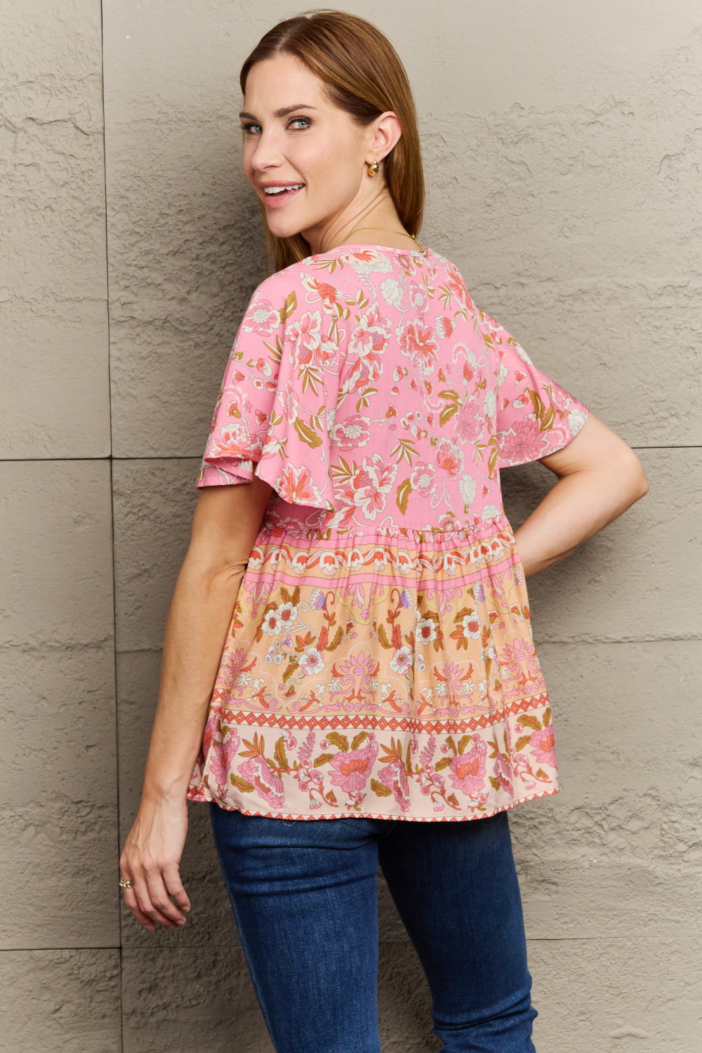 Perfee Bohemian Tie-Neck Flutter Sleeve Blouse