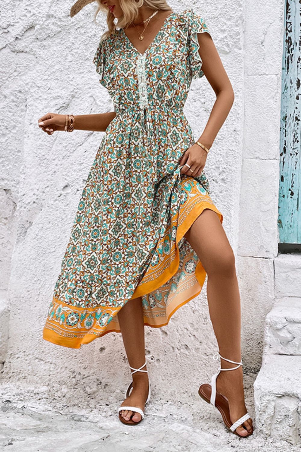 Perfee Bohemian V-Neck Flutter Sleeve Dress