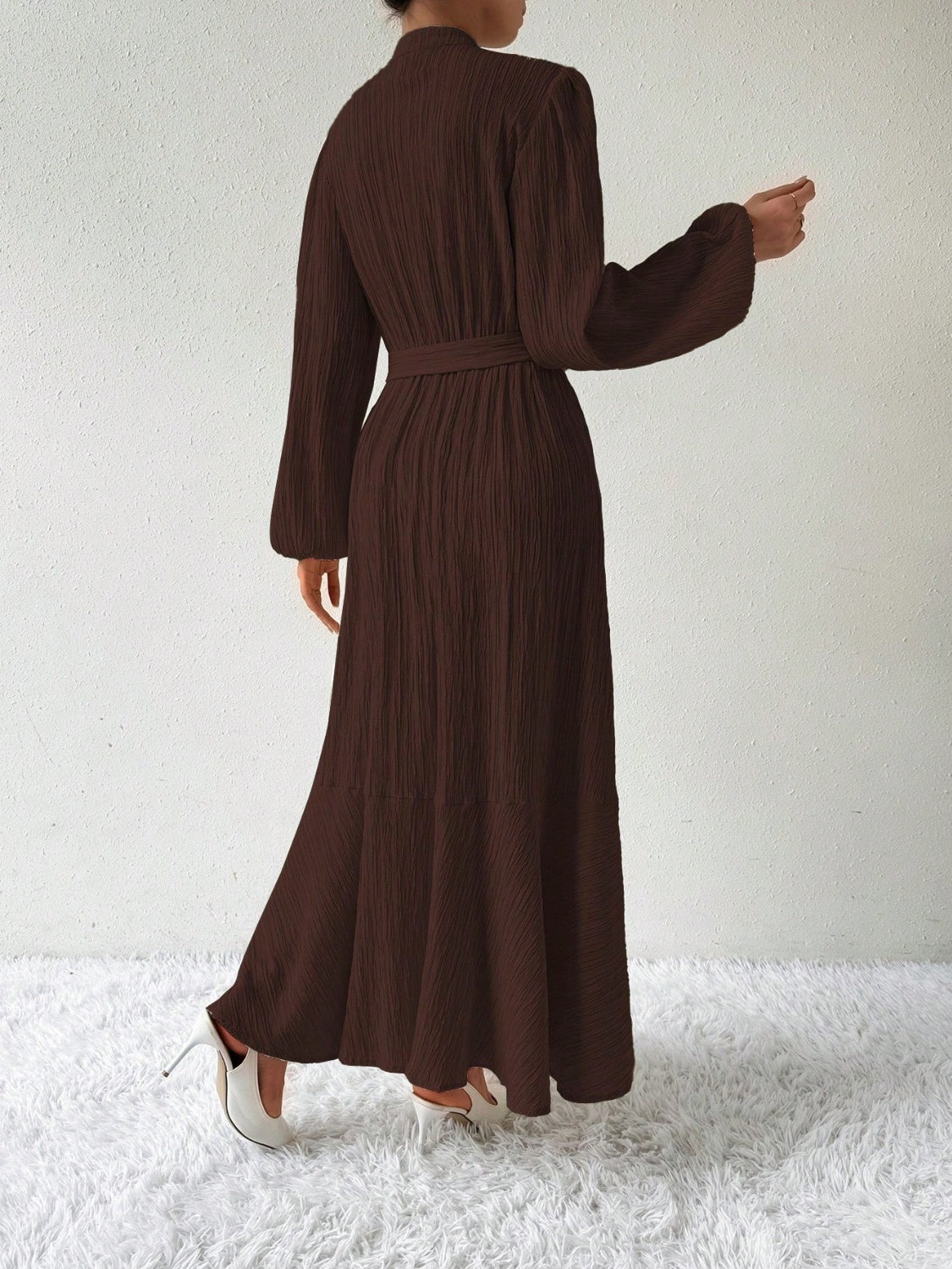 Half Button Tie Waist Long Sleeve Maxi Dress