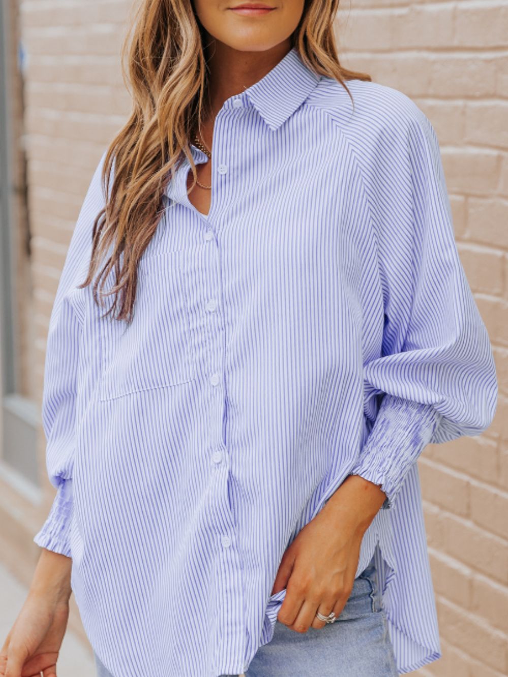 Striped Collared Neck Lantern Sleeve Shirt