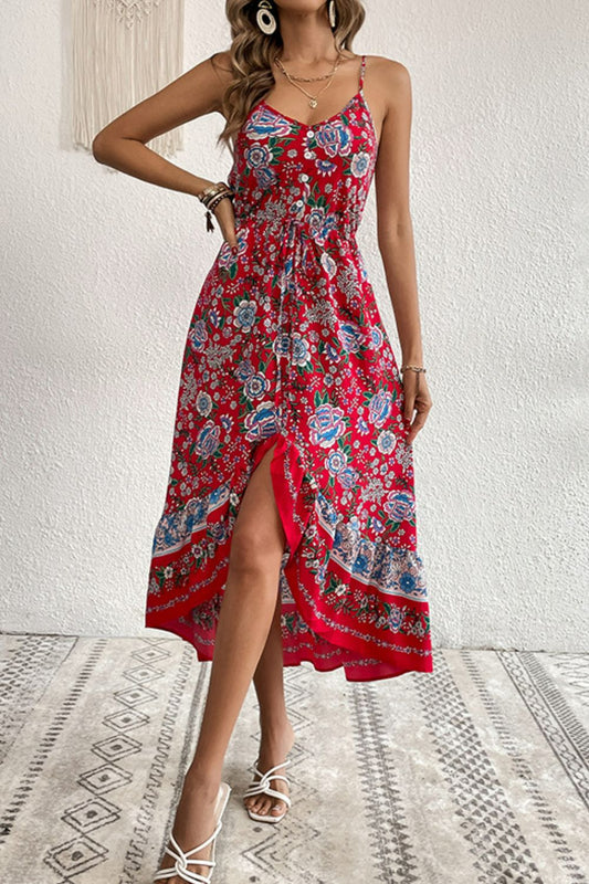 Perfee Bohemian Decorative Button Spaghetti Strap Dress