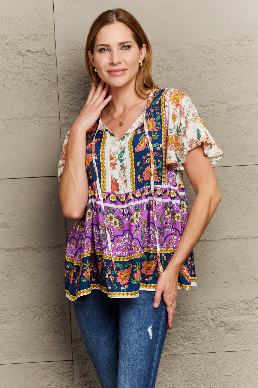 Perfee Bohemian Tie-Neck Flutter Sleeve Blouse