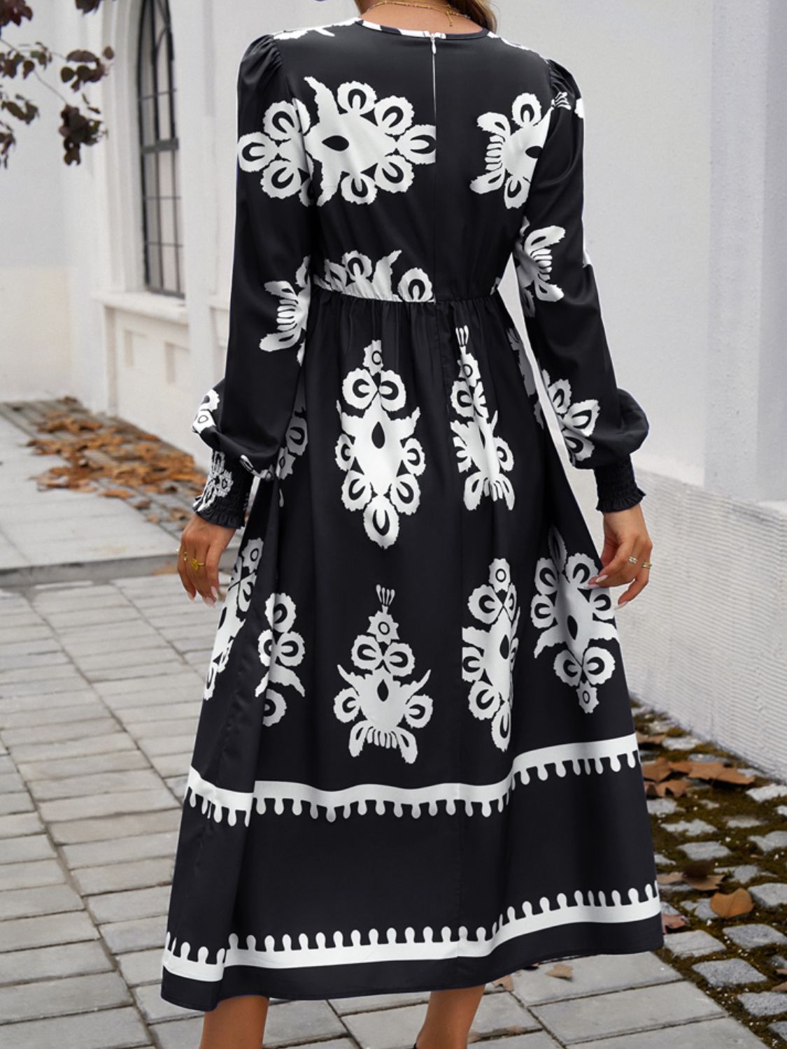 Devine Printed Surplice Lantern Sleeve Midi Dress