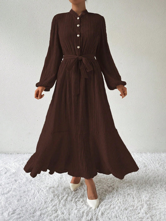 Half Button Tie Waist Long Sleeve Maxi Dress