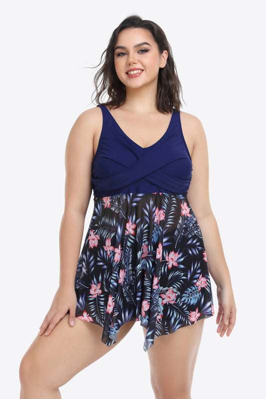 Plus Size Floral Two-Tone Asymmetrical Hem Two-Piece Swimsuit