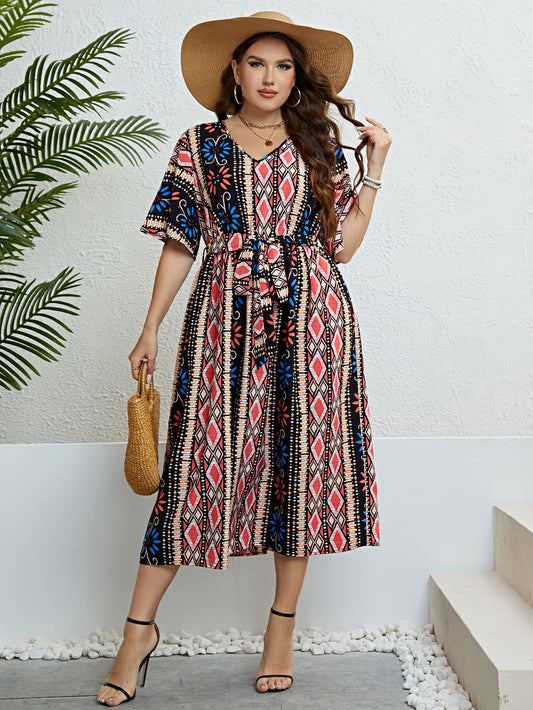 Honey Plus Size Bohemian V-Neck Tie Belt Midi Dress