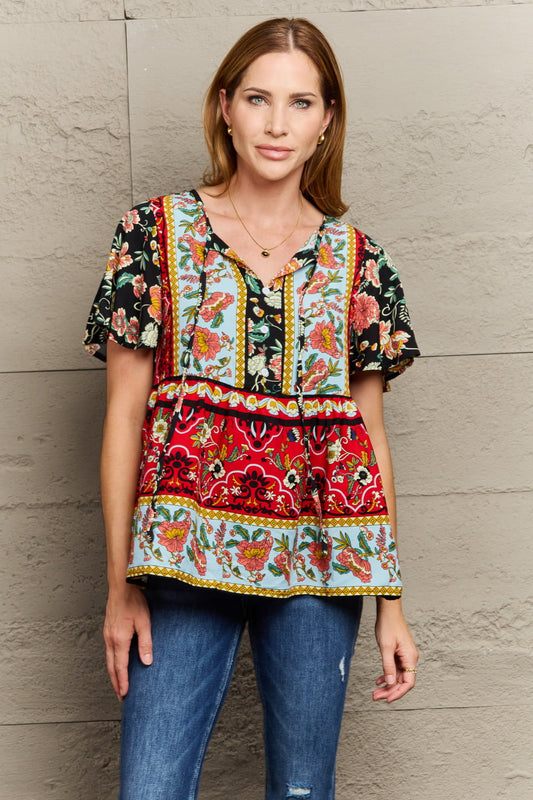 Perfee Bohemian Tie-Neck Flutter Sleeve Blouse